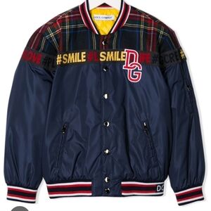 Dolce & Gabbana Navy Bomber Jacket with Tartan Yoke and Red Logo